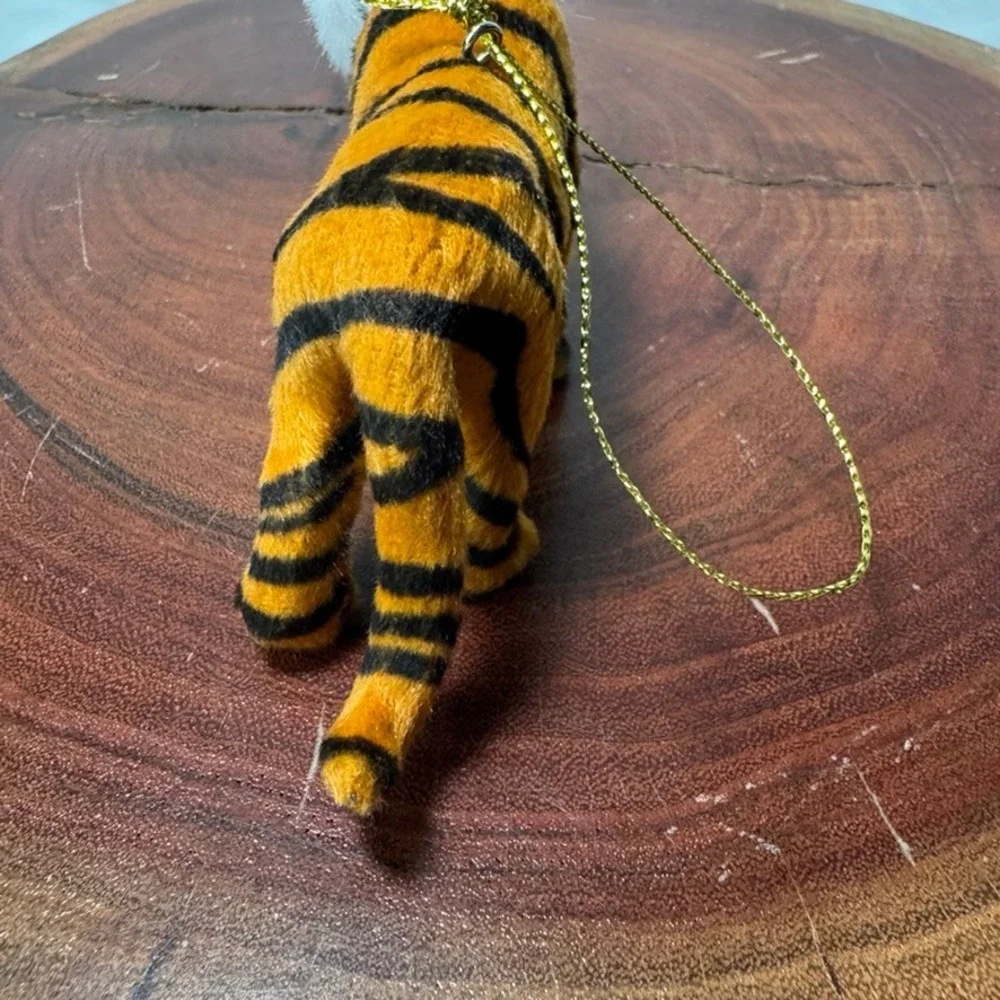 Vintage Tiger Christmas Ornament Fuzzy Faux Fur Striped Big Cat Safari Decor